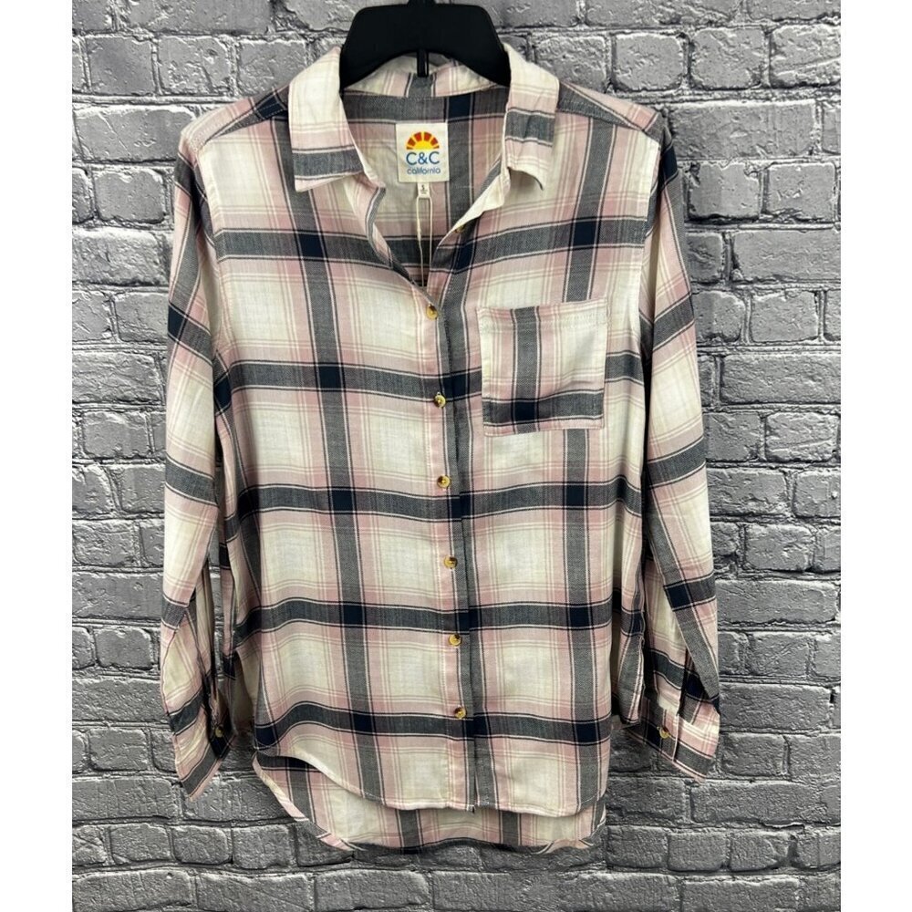 C&C California Kyle Plaid Tunic Top Flannel Shirt Size‎ S Pink Black Plaid